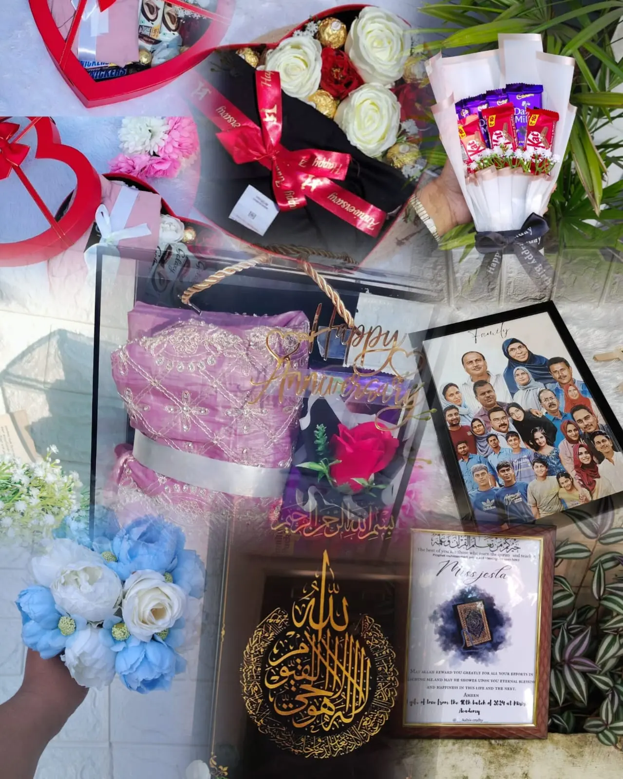 A collage showcasing handmade and customized gift items including heart-shaped chocolate boxes, flower and chocolate bouquets, personalized photo frames, a Quran-themed frame with Arabic calligraphy, and decorative floral arrangements. The collage features a mix of elegant anniversary gifts, Islamic art, and family portraits — highlighting creative and thoughtful handmade gift ideas.